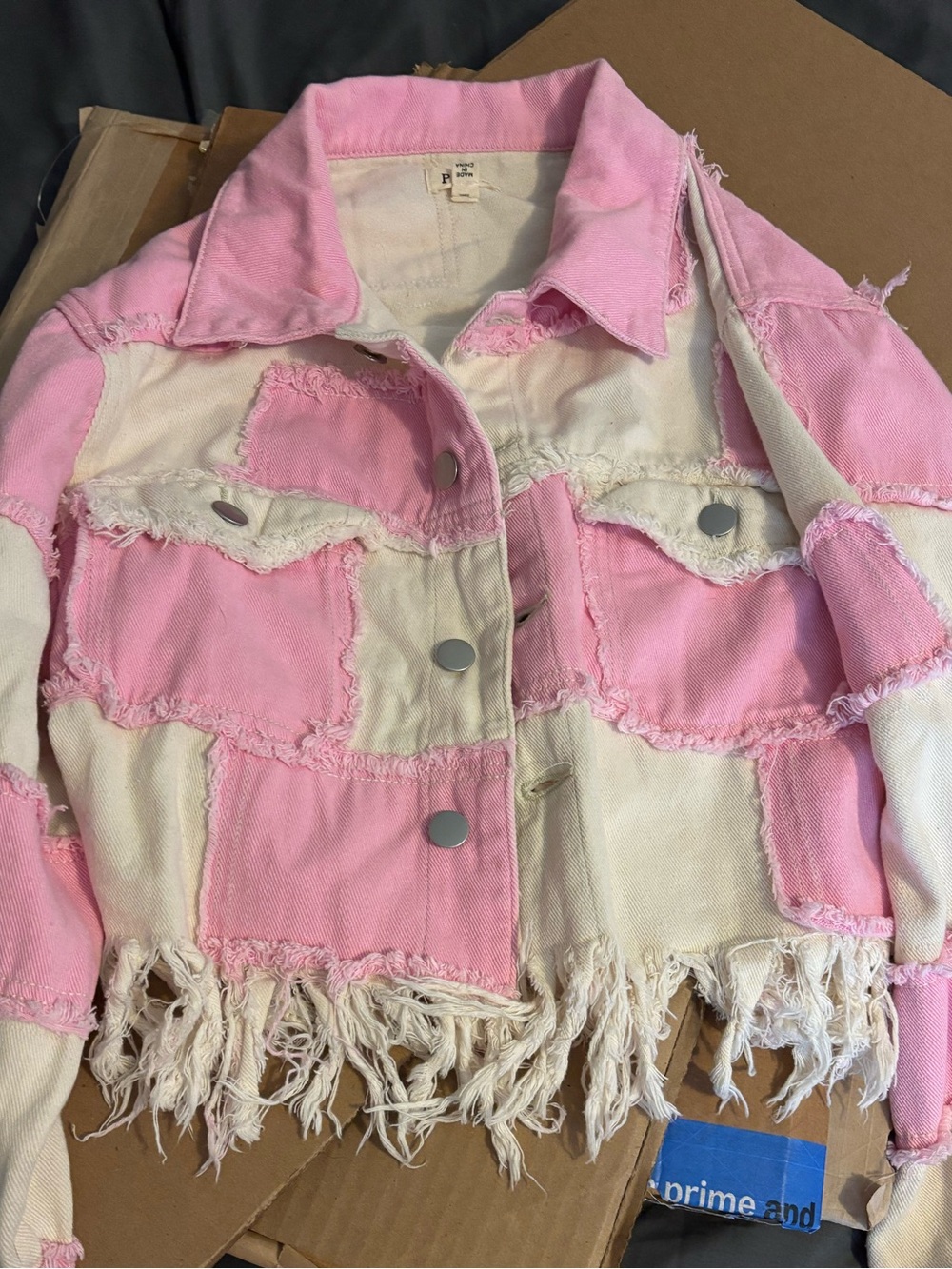 POL Pink & Cream Patchwork Fringed Denim Jacket NWOT
